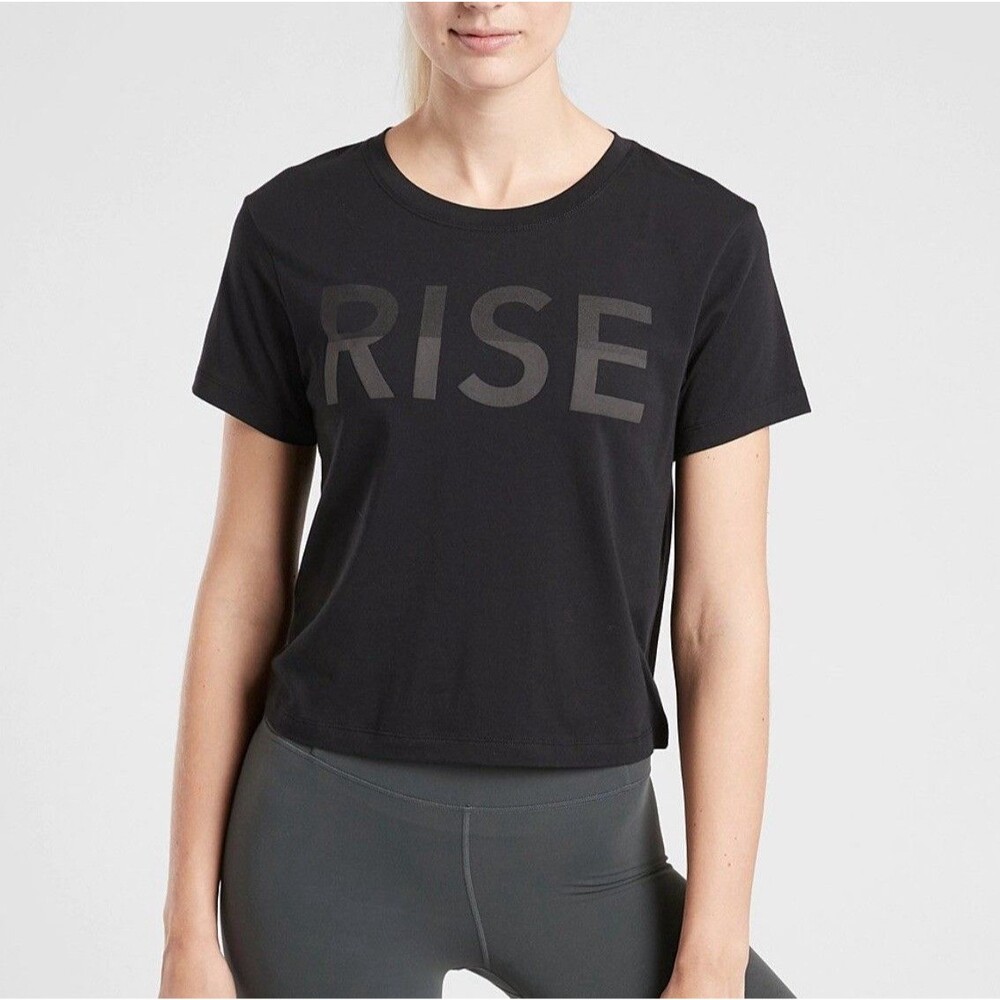 ATHLETA BLACK RISE GRAPHIC SHORT SLEEVE ORGANIC DAILY CROP TEE TOP SZ S